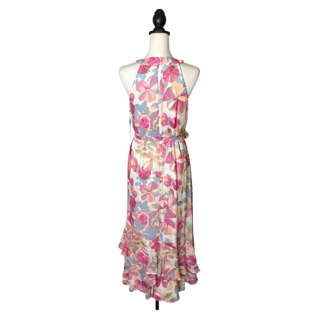 NWT Calvin Klein Floral Halter Neck Chiffon Maxi Dress Size 4 Pink Multi Lined - Picture 4 of 11